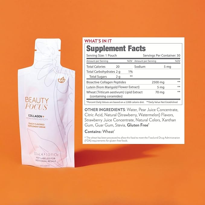 Nu Skin Beauty Focus Collagen+ | Marine Collagen Liquid Supplement with Lutein &amp Wheat Lipids | Supports Skin Hydration Elasticity &amp Smooth Appearance | 30 Pouches | Strawberry