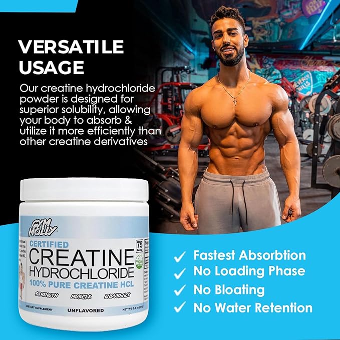 Gym Molly Creatine Hydrochloride Powder Highly Soluble Creatine Hydrochloride Unflavoured Vegan Workout Supplement for Men and Women Muscle Builder Creatine Supplement (75 Servings 750mg)
