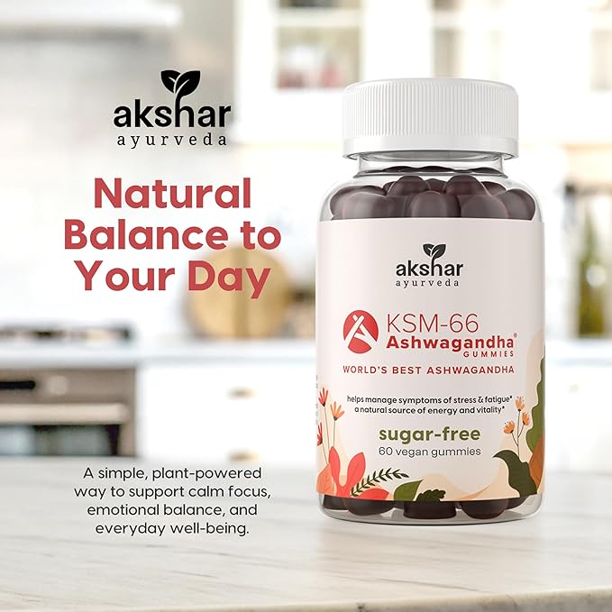 AKSHAR Ayurveda Ashwagandha KSM-66 Gummies Organic Ashwagandha Supplements for Focus Increase Energy &amp Strength Chicory Root Fiber &amp Natural Cherry Flavor (60 Count (Pack of 2))