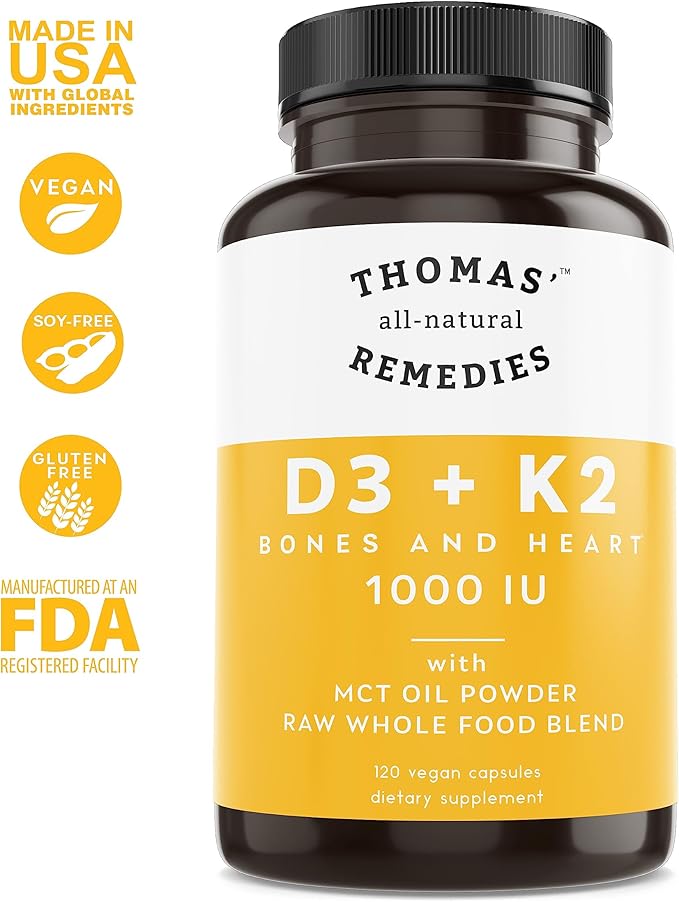 Thomas' all-natural Remedies D3 + K2 with MCT Oil for Better Absorption &amp Raw Whole Food Blend 1000 IU D3 Vegan Made in USA Support for Your Heart Bones &amp Teeth Non-GMO (120ct)