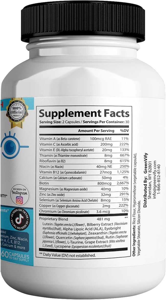 EyeGenics Max Vision Support Supplement 60 Capsules Maximum Strength Eye Health Formula with Lutein Bilberry Extract Vitamins (5)