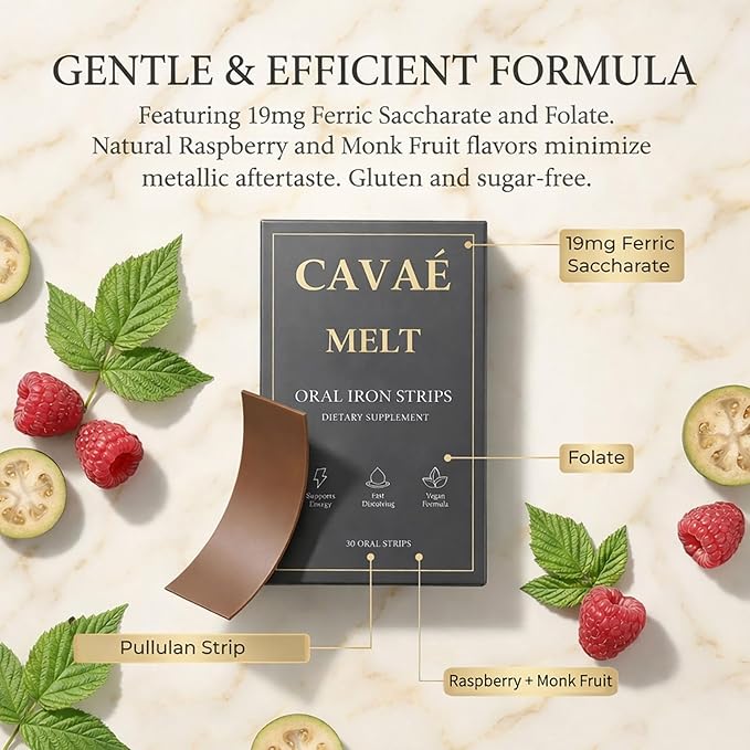 Cavae Melt Oral Iron Strips with Folate Ferrovia Iron Supplement for Women19mg Elemental Iron Per StripGentle &amp Fast-Dissolving Film for Energy - No Water NeededRaspberry Flavor30 Servings (1