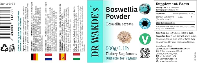 DR WAKDE'S Boswellia Powder (Salai Guggul | Shallaki) - 500g (1.1lb) | Pure Raw &amp Dried Powder | Natural Aroma and Freshness | Fine Powder | Vegan | Premium Grade | Nothing Added Nothing Removed