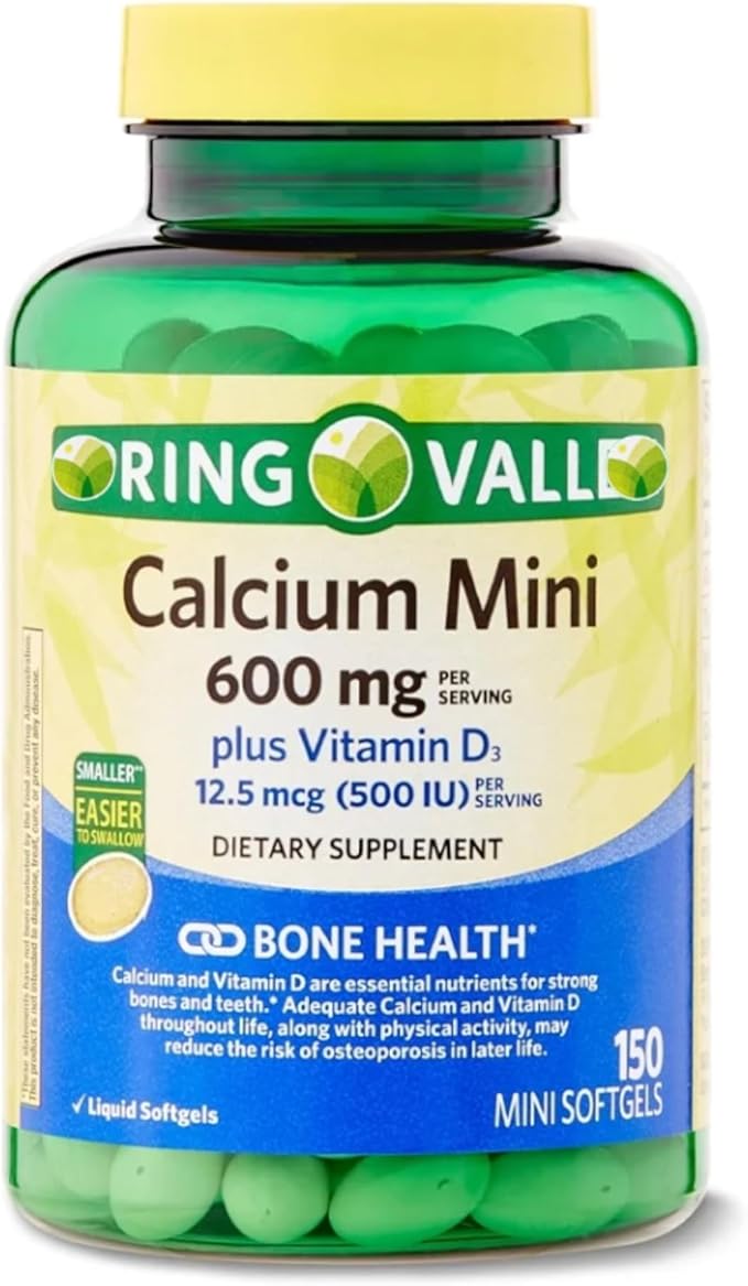 Spring Valley Calcium 600 mg with Vitamin D3 Supplement – 150 Mini Softgels Easy to Swallow Calcium Softgels Bone &amp Teeth Support Gluten Free Daily Calcium Supplement for Adults