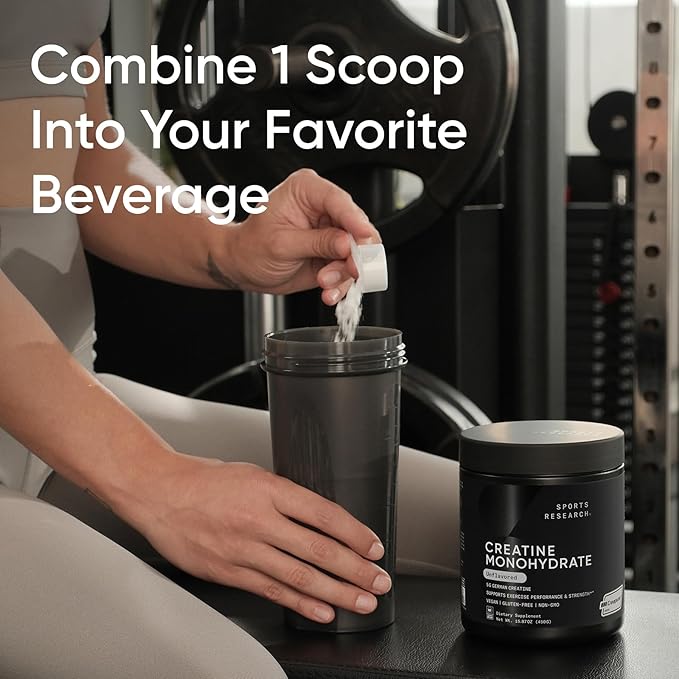 Sports Research® Creatine Monohydrate Powder w/Creapure® - Gain Lean Muscle Improve Performance &amp Support Workout Recovery* - 5g German Creatine · NSF Sport · Easy Mixing - 90 Servings (Unflavor