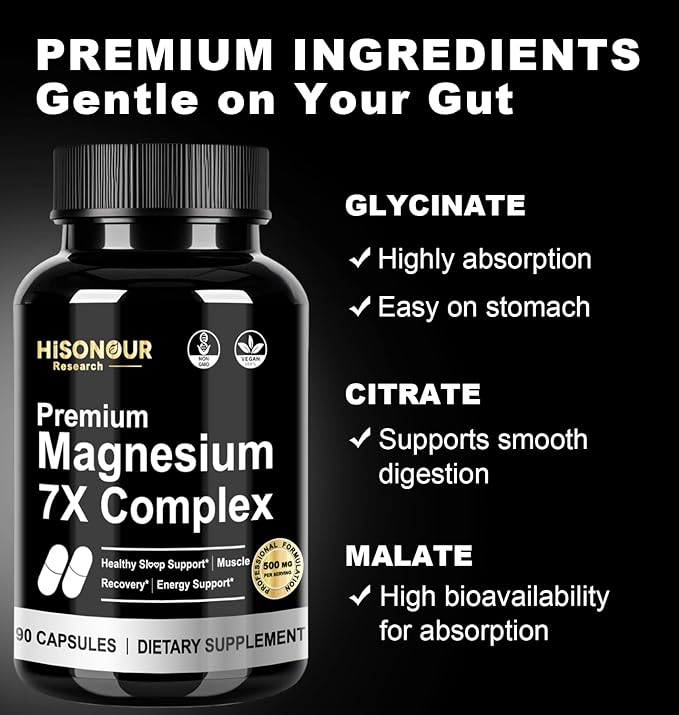Magnesium Glycinate Complex Supplement - 7 Type Magnesium Complex with Vitamin B6 Magnesio Glycinate Citrate Malate &amp More - High Absorption Vegan Non-GMO - 90 Capsules