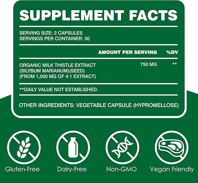 FULKELP Organic Milk Thistle Supplement 750mg Milk Thistle Extract for Liver Support Herbal Liver Supplement Non-GMO Gluten-Free - 60 Capsules