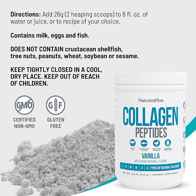 NaturesPlus Collagen Peptides Vanilla - 0.8 lb Powder Pack of 2 - Hair Skin Nail &amp Joint Health Immune System Support - Non-GMO Gluten Free - 28 Total Servings