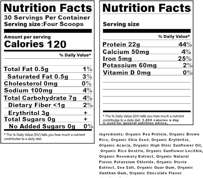 Vegan Protein Powder 30 Servings 120 Calories 22 G Plant Protein Per Serving Organic Chocolate Flavor High Protein Low Carb 0 Sugar