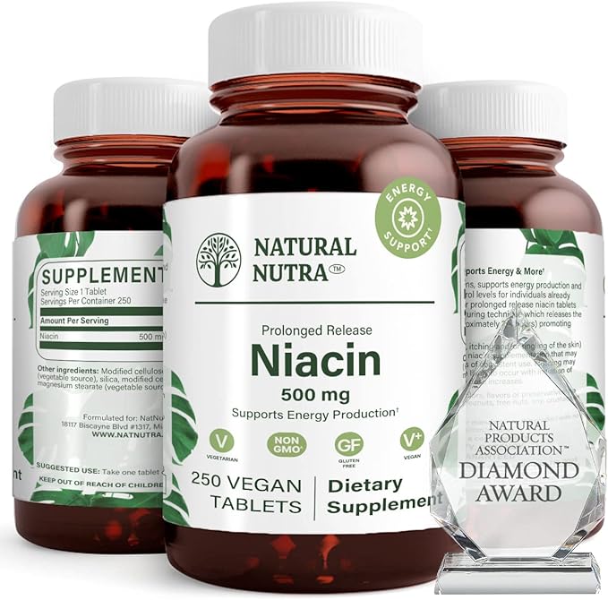Natural Nutra Time-Release Slow Niacin 500mg (Vitamin B3) Support Healthy Cholesterol Promotes Cardiovascular Health Promotes Skin Cells and Improve Cognitive Function 250 Vegan Tablets
