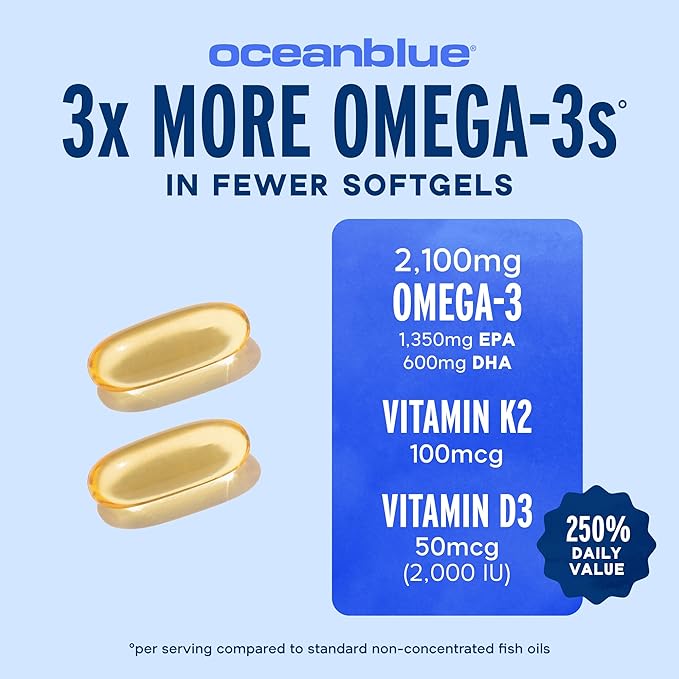 Oceanblue Professional Omega-3 2100 with Vitamin K2 and Vitamin D3-60 Count - Triple Strength Burpless Fish Oil Omega-3 Supplement with EPA DHA &amp DPA - Wild Caught - Orange Flavor 30 Servings