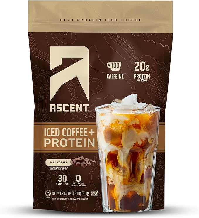 Ascent Iced Coffee Protein Powder - High Protein Coffee Powder 20 g Protein &amp 100 mg Caffeine - 30 Servings