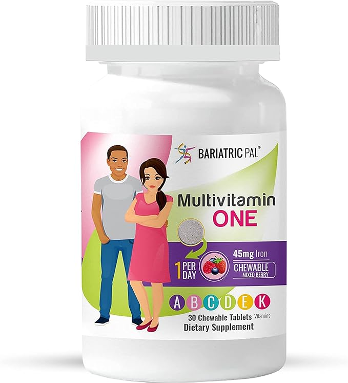BariatricPal 30-Day Bariatric Vitamin Bundle (Multivitamin ONE 1 per Day! with 45mg Iron Chewable - Mixed Berry and Calcium Citrate Soft Chews 500mg with Probiotics - Caramel Apple)