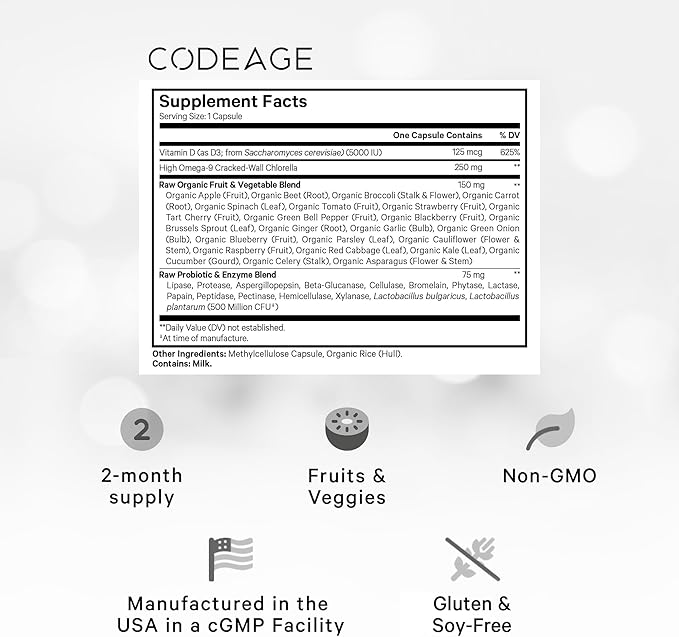 Codeage Raw Vitamin D3+ High Potency 5000 IU Supplement from Saccharomyces Cerevisiae - Raw Vitamin Probiotics Digestive Enzymes Fruits &amp Greens - 2-Month Supply - 60 Capsules