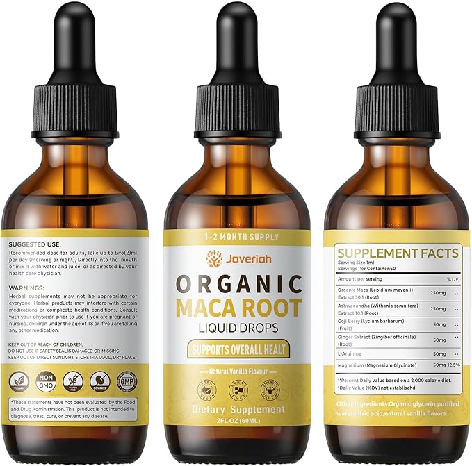Organic Maca Root Liquid Drops with AshwagandhaGoji BerryGingerMagnesium and L-Arginine for Women and MenAshwagandha Maca Root Supplements Tincture 2 Fl Oz