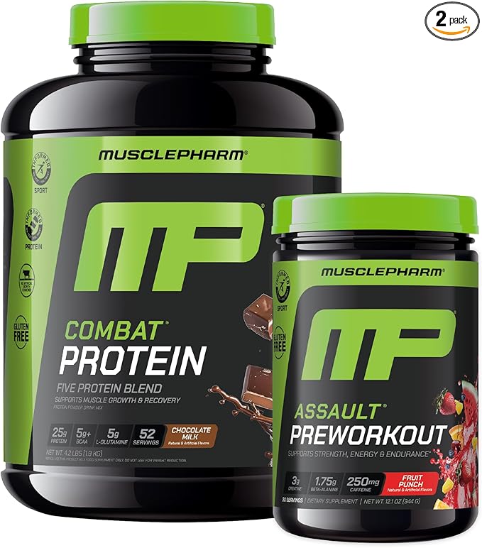 Muscle Pharm Combat 4lb Chocolate Protein and MusclePharm Assualt Fruit Punch Preworkout