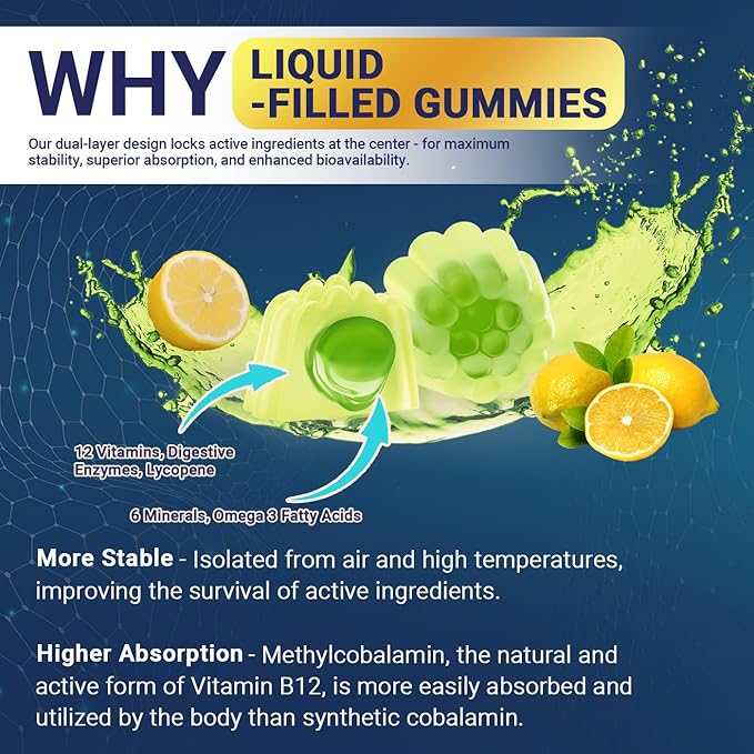 Mens Multivitamins Gummies Methylated Multivitamin with Vitamins A C D K E B Complex Omega-3 Digestive Enzymes Lycopene Calcium Magnesium - Support Brain Muscle Energy Sugar Free 120Cts