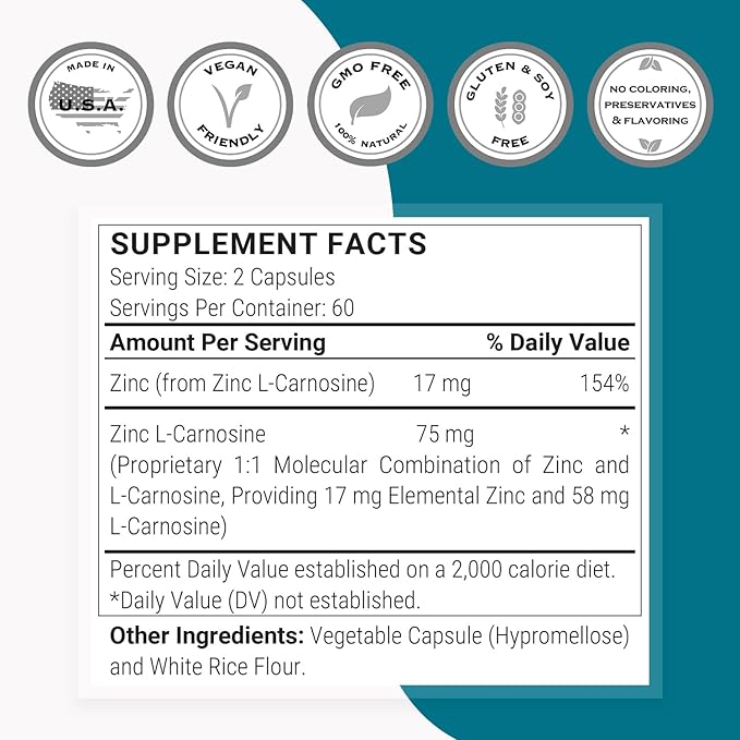 SuperSmart - Zinc L-Carnosine 75mg per Day (Well-Tolerated) - Zinc Carnosine Supplement | Non-GMO &amp Gluten Free - 120 Vegetarian Capsules