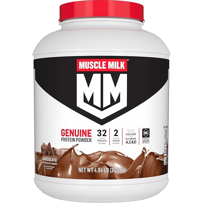 Muscle Milk Genuine Protein Powder Chocolate 4.94 Pound 32 Servings 32g Protein 2g Sugar Calcium Vitamins A C &amp D NSF Certified for Sport Energizing Snack Packaging May Vary