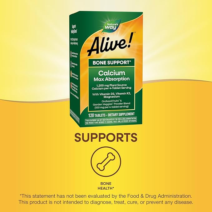 Nature's Way Alive! Calcium Max Absorption 1200 mg Calcium per 4 Tablets with Vitamin D3 Bone Support* Vitamin D3 &amp K2 Magnesium 120 Tablets (Packaging May Vary) (Pack of 2)