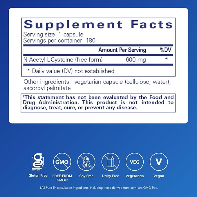 Pure Encapsulations NAC 600 mg - N-Acetyl Cysteine NAC Supplement for Lung Health &amp Immune Support Liver Support &amp Antioxidants* - with Freeform N-Acetyl-L-Cysteine - 180 Capsules
