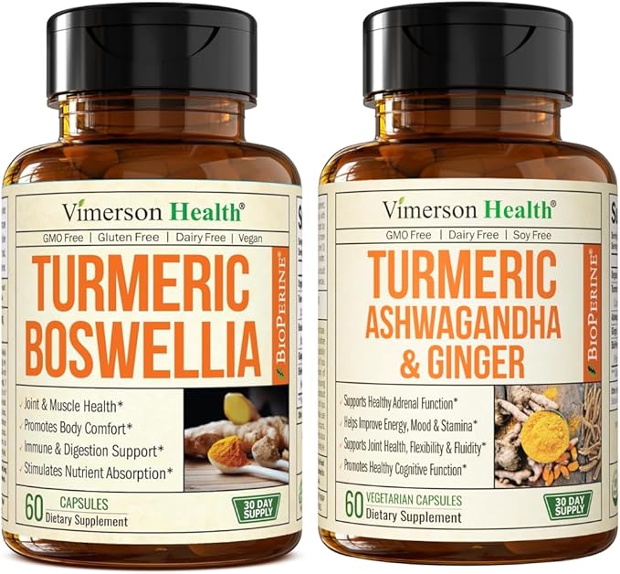 Boswellia Turmeric Curcumin Supplement + Turmeric Ashwagandha with Ginger Bundle – for Joint Health Energy &amp Immune Support – with Ginger Root Organic Turmeric Powder Curcumin with Black Pepper
