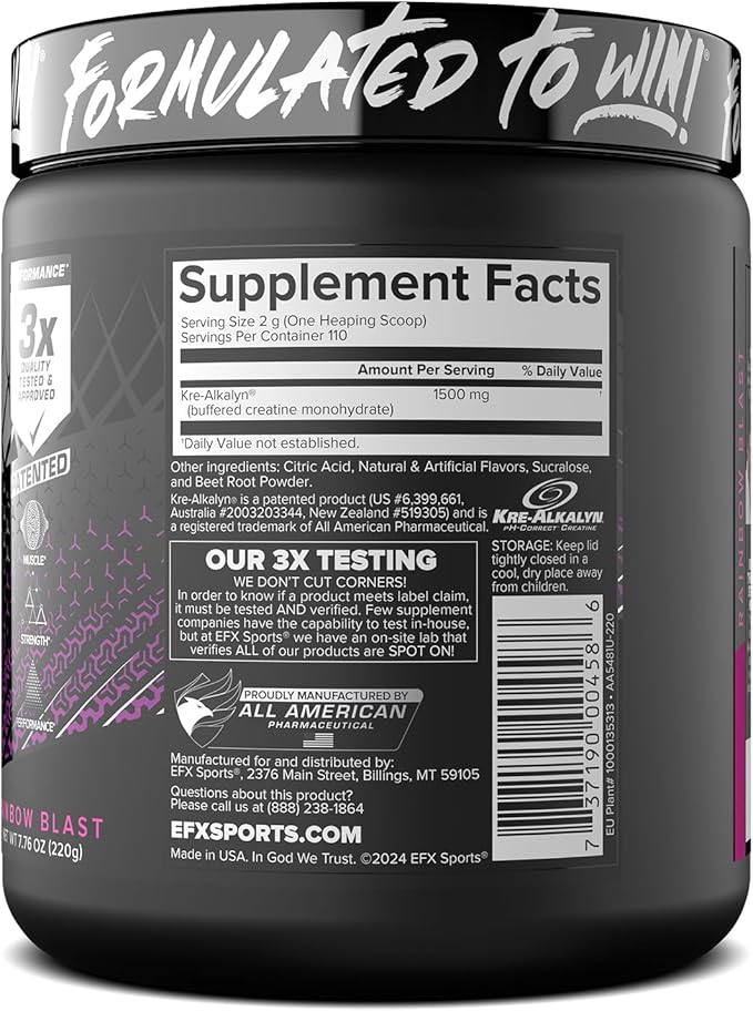EFX Sports Kre-Alkalyn EFX Powder | pH Correct Creatine Monohydrate Powder Supplement | Strength Muscle Growth &amp Performance | 110 Servings (Rainbow Blast)