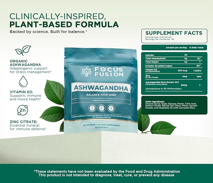 Focus Fusion Ashwagandha Gummies with Vitamin D2 &amp Zinc – Extra Strength Stress Relief Mood &amp Focus Support – Calm Energy &amp Immune Boost – Vegan Non-GMO Fruity Mix Berry Flavors (60 Cou