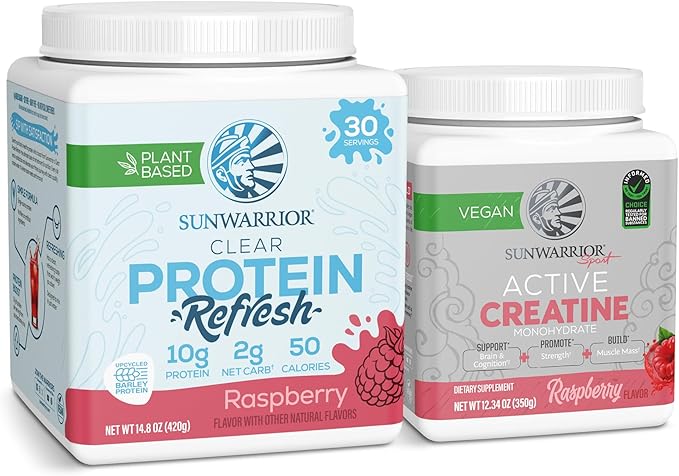 Sunwarrior Clear Protein Powder | Vegan Plant-Based Protein 30 Servings Raspberry Flavored &amp Creatine Monohydrate Powder | 50 Servings Raspberry Flavored