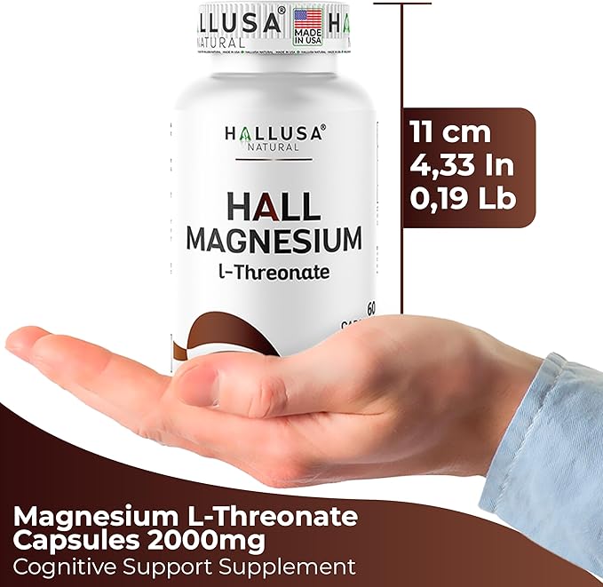 Hallusa Natural Magnesium L-Threonate Capsules 2000mg Cognitive Support Supplement for Brain Health &amp Memory Mental Clarity Focus &amp Sleep Aid Non-GMO Gluten-Free 60 Count