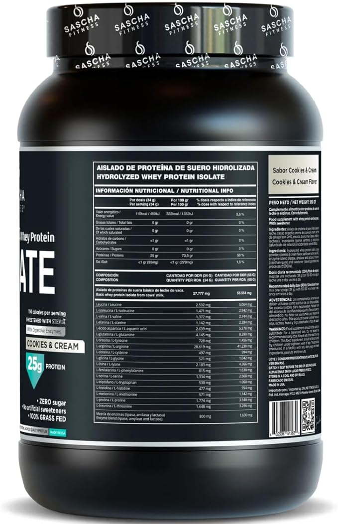 SASCHA FITNESS Hydrolyzed Whey Protein Isolate100% Grass-Fed (2 Pounds Cookies &amp Cream)