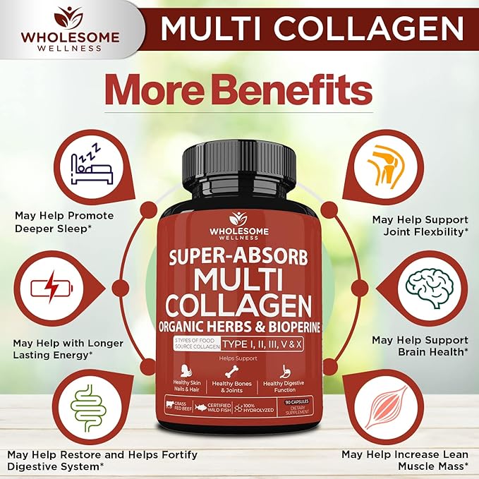 Wholesome Wellness Super-Absorb Multi Collagen Pills (Type I II III V X) Organic Herbs and Bioperine + Dr. Formulated Raw Probiotics for Women 100 Billion CFUs with Prebiotics Bundle