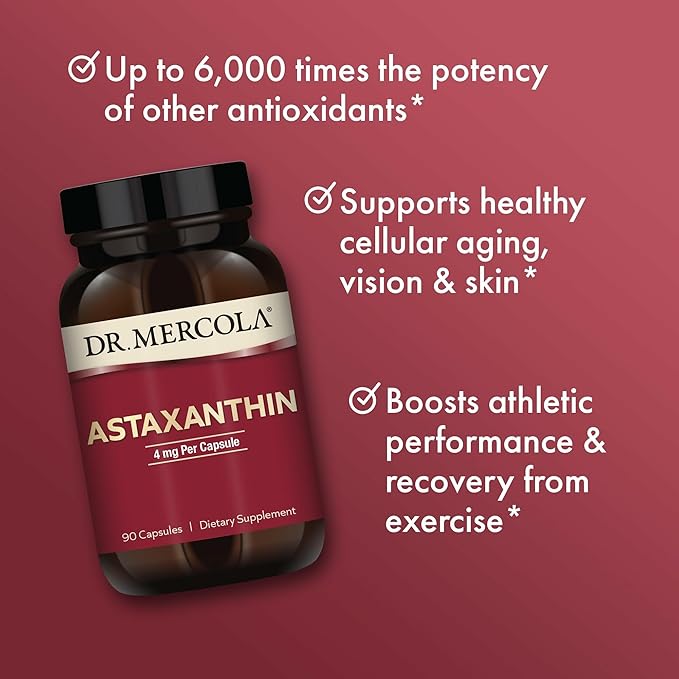 Dr. Mercola Organic Astaxanthin - 4 mg Astaxanthin - Powerful Antioxidant Support - Organic Microalgae Extract - Non-GMO Gluten-Free &amp Soy-Free - 90 Capsules (90 Servings)