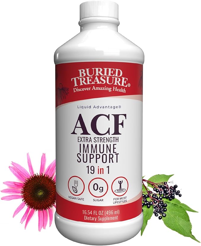 Buried Treasure ACF Extra Strength Liquid Immune Support – 1000mg Vitamin C Elderberry Zinc &amp Echinacea – Short-Term Adult Wellness Supplement 16 fl oz