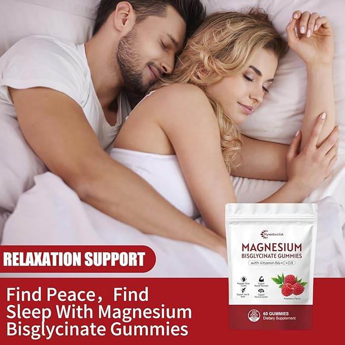 Hywebvctok 400mg Magnesium Bisglycinate Gummies with Vitamin B6 C D3 Promotes Muscle &amp Nerve Function Relaxation &amp Wellness Raspberry Flavor 60 Count