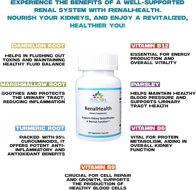 RenalHealth Kidney &amp Urinary Wellness Supplement with Dandelion Root Marshmallow Root Parsley Turmeric &amp B Vitamins Supports Daily Kidney Function 120 Vegetarian Capsules