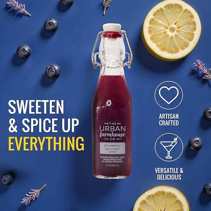 The Urban Farmhouse Co. Organic Vinegar Shrub – Blueberry 9 oz Bottle – Small Batch Drinking Vinegar with Apple Cider Vinegar &amp Whole Berries – Cocktail Mixer Gut Health Tonic No Sugar Added