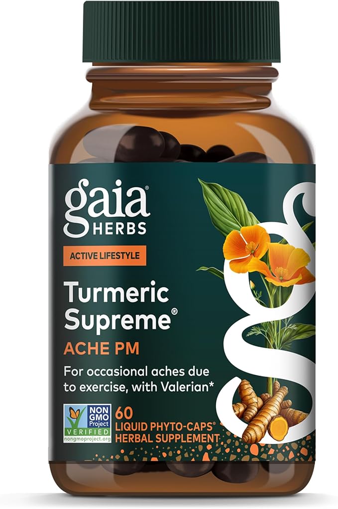 Gaia Herbs Turmeric Supreme Ache P.M. - Helps Provide Nighttime Comfort to Support More Restful Sleep* - with Turmeric Root Valerian California Poppy &amp More - 60 Liquid Phyto-Caps (20 Servings)