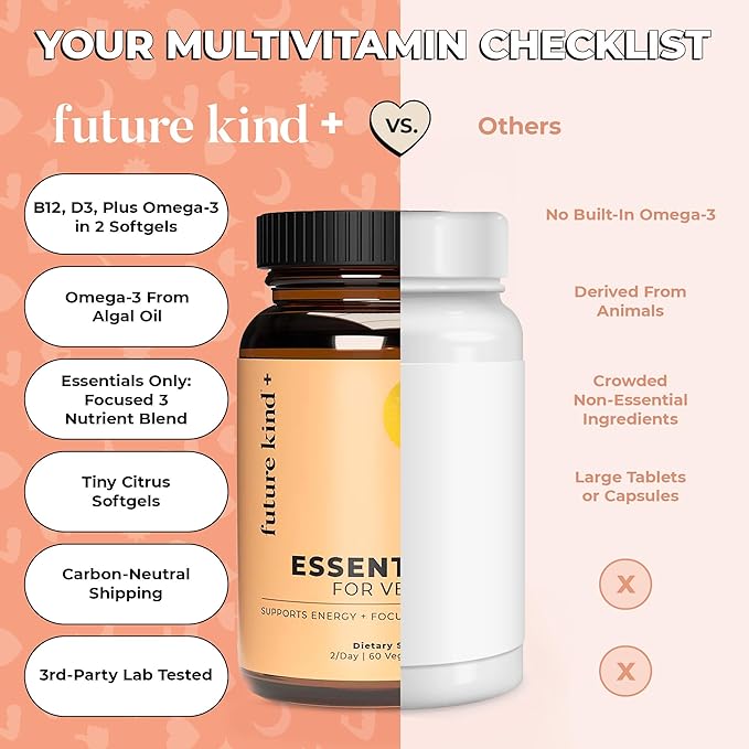 Future Kind 3 in 1 Daily Multivitamin - for Energy Clarity Active Wellness Support with B12 D3 and Algal Omega-3 - Essential Vegan Multivitamin for Women &amp Men - Tiny Citrus Softgels (60 Count