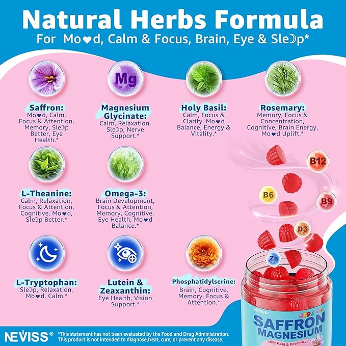 Saffron + Magnesium Glycinate+ Omega-3 - Calm Focus Gummies for Kids 4+ Saffron Extract Supplement with L-Theanine Holy Basil Rosemary B6 B9 B12 D3 for Happy Mood Cognition ZZz Sugar Free