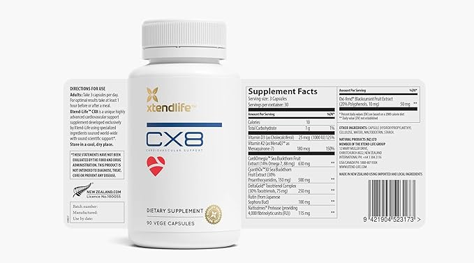 Xtendlife CX8 Heart Health Supplement for Cardiovascular Support Circulation and Arterial Health - with Vitamin K2 MK7 D3 Tocotrienols and Sea Buckthorn-30 Day Supply