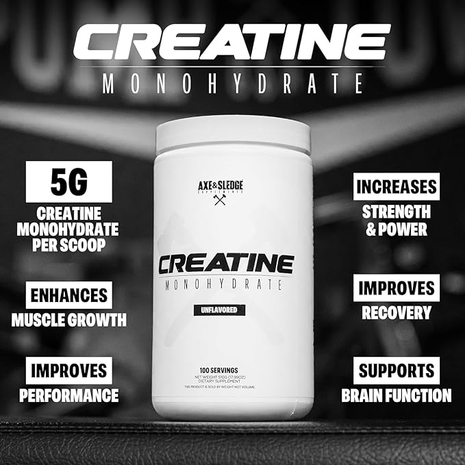 Axe &amp Sledge Basics Creatine | Unflavored Enhances Strength &amp Performance Increases Lean Body Mass 50 Servings | Pure Creatine Monohydrate No Fillers or Artificial Substances | 100 Serving
