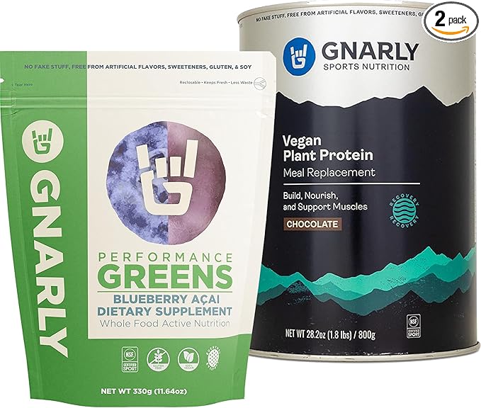 Gnarly Nutrition Performance Greens Blueberry Açai (11.64 oz) and Gnarly Vegan Plant Protein Meal Replacement - Chocolate (28.2oz)
