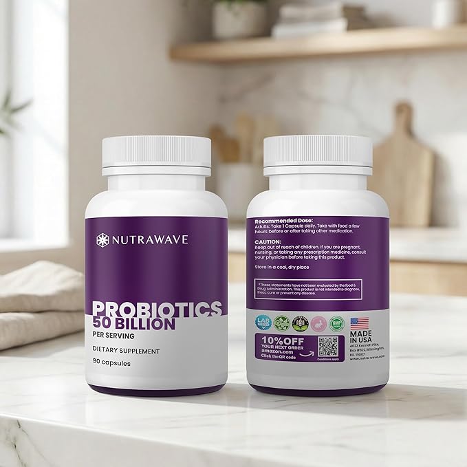 Nutrawave 50 Billion Probiotics for Women &amp Men 15 Strains Active Culture. Relieves Bloating &amp Constipation Improved Digestion &amp Gut Health Supplement Vegan. 60 Powerful Small Capsules.