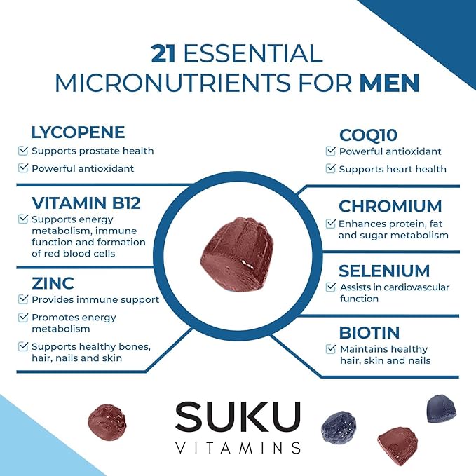 SUKU Men's Daily Multivitamin Gummies – Vitamins A B12 C D3 E Zinc CoQ10 &amp Lycopene – Prostate Heart &amp Immune Support – Sugar-Free Vegan Mixed Fruit Fusion – 60 Count