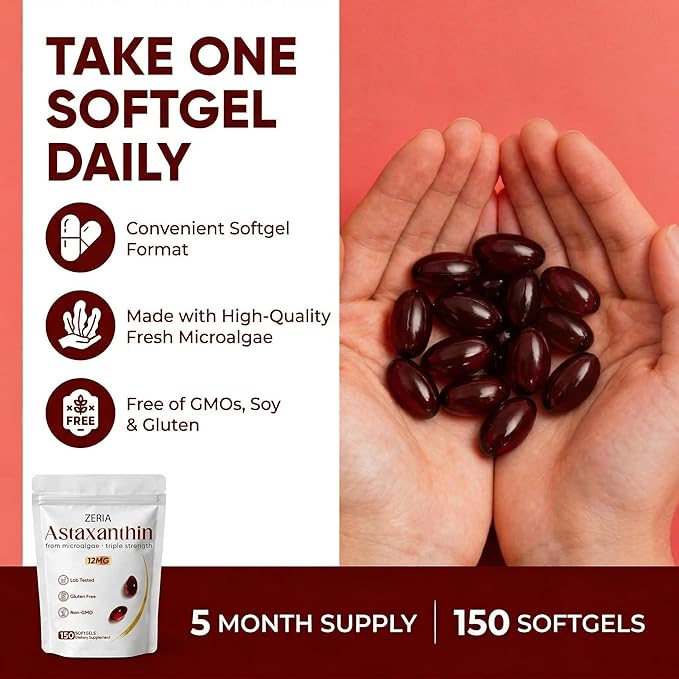 Zeria Astaxanthin 12mg Natural Microalgae Antioxidant Supplements Helps Protect Cells from Oxidative Stress Skin Firmness &amp Elasticity Promotes Healthy Skin and Eyes 150 Softgels