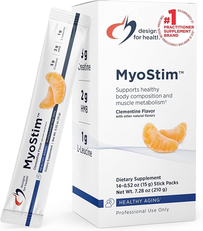 Designs for Health MyoStim - HMB + Collagen Peptides Powder with L-Leucine + Creatine to Support Healthy Aging - May Help Attenuate Age-Related Muscle Loss - Clementine-Flavored Drink (14 Stick Packs)