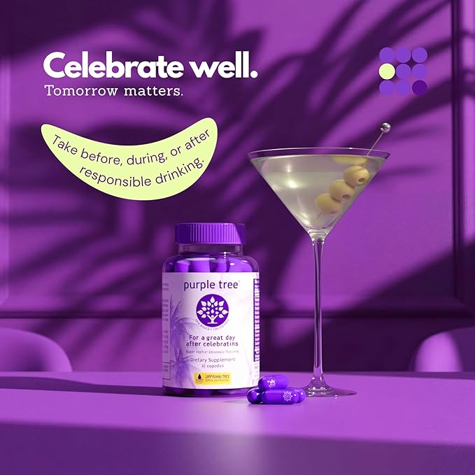 purple tree Post-Celebration Wellness Supplement | Liposomal Dihydromyricetin (DHM) L-Glutathione Milk Thistle for Liver Support &amp Hydration | Electrolytes B Vitamins Willow Bark | 60 Capsules