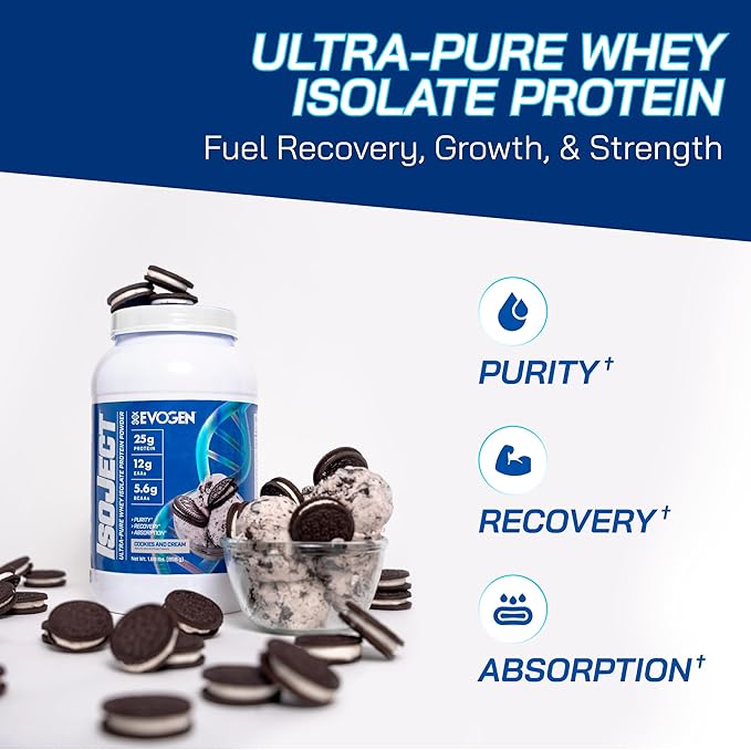 Evogen Isoject - Whey Protein Isolate | Ultra-Pure Whey Protein Powder with Ignitor Enzymes BCAAs and EAAs | Enhanced Absorption &amp Recovery | Cookies and Cream | 25 Servings