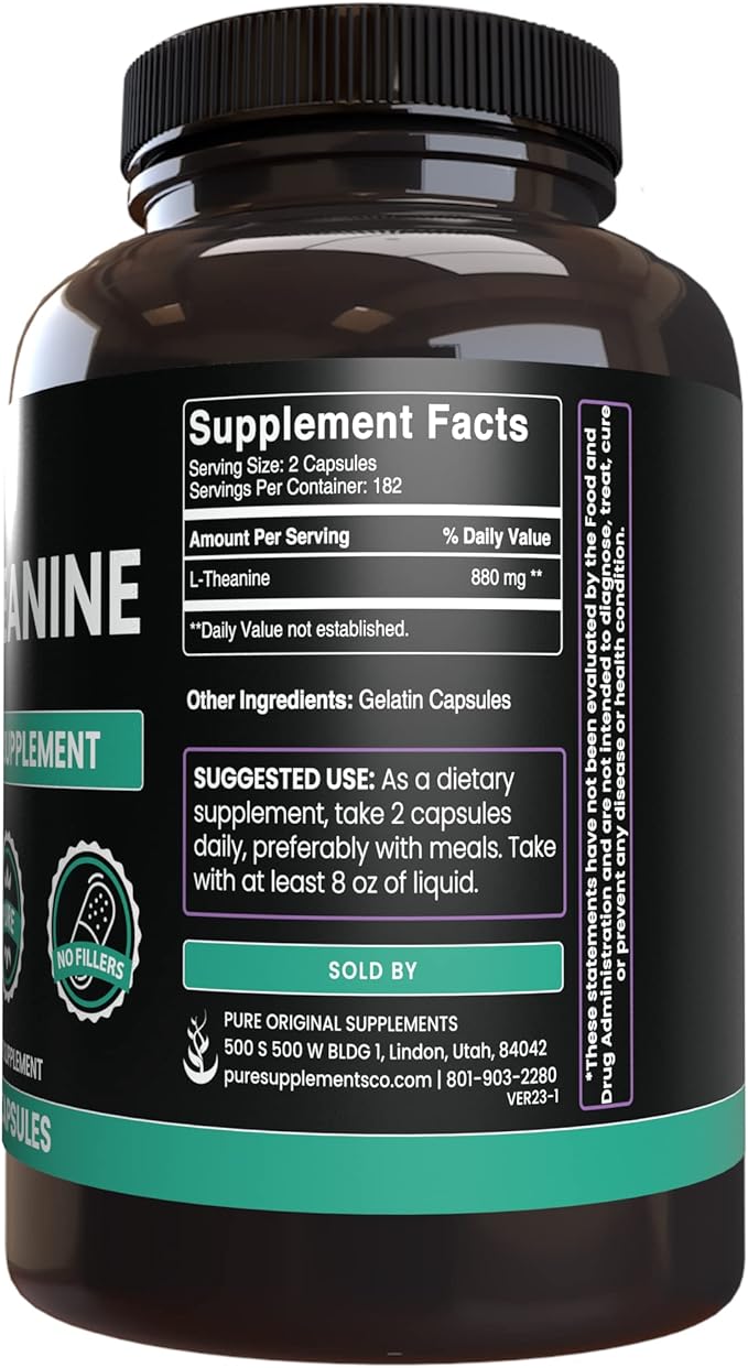 PURE ORIGINAL INGREDIENTS L-Theanine (365 Capsules) Amino Acid No Magnesium or Rice Filler Lab Verified